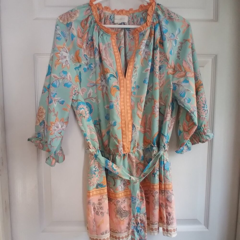 MELLÓDAY Size L 12/14 BLOUSE tunic NEW no Tag Peach & Green peplum Tie ruffle